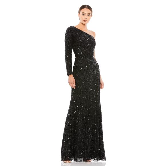 Mac Duggal 4982 Black Embellished One Shoulder One Sleeve Evening Gown Size 10 - Picture 1 of 7